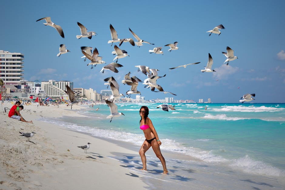 Mexico Vacation Woman on Cancun beach enjoying the summer surrounded by seagulls.